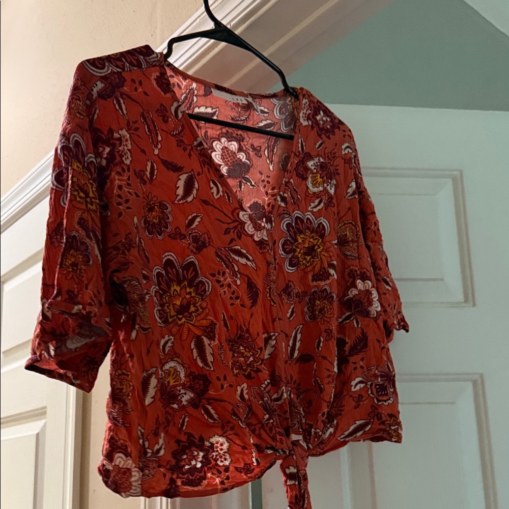 Floral Tie-Front Blouse - Rich Red